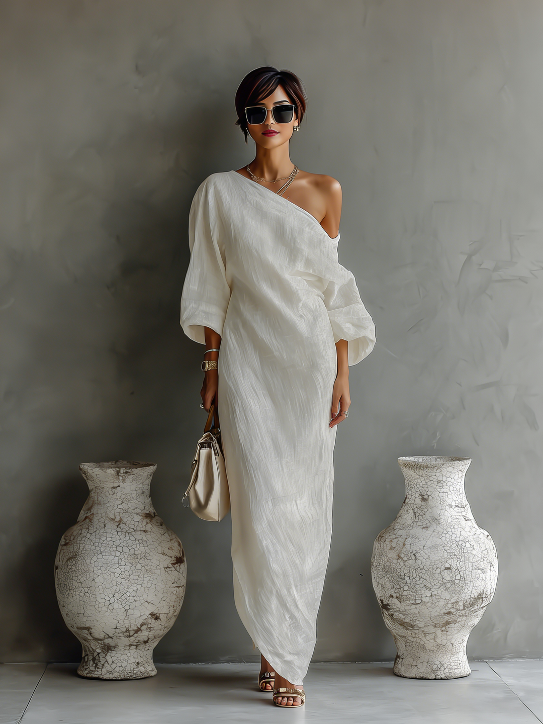 Elegant Flowing Dress in Ivory White with Off-Shoulder