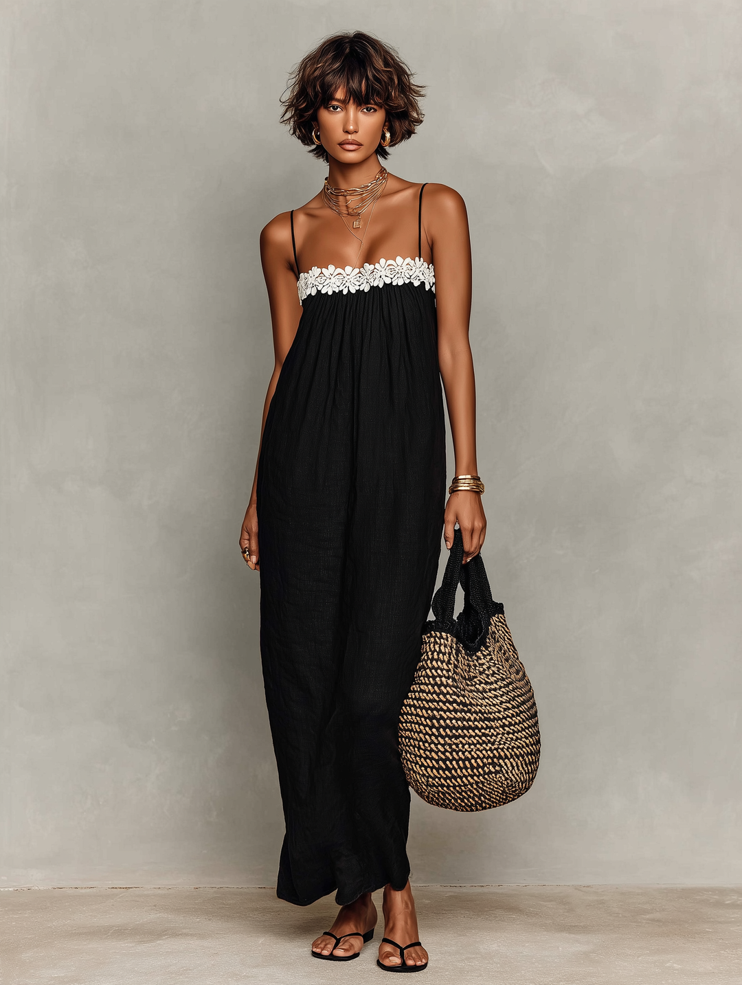 Women's Minimalist Lace-Paneled Strapless With Spaghetti Straps Maxi Dress