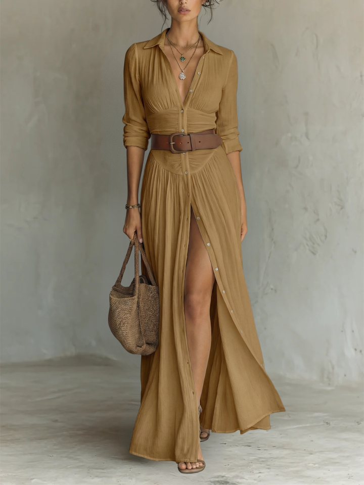 Long Maxi Dress with Notched Collar and Long Sleeves for Women • S1