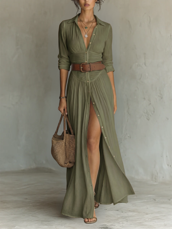Long Maxi Dress with Notched Collar and Long Sleeves for Women • S1