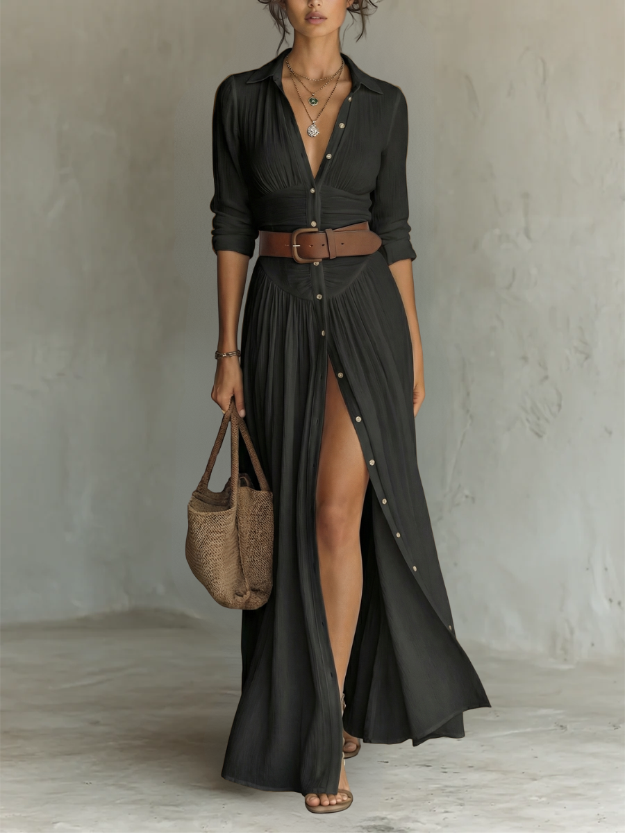 Long Maxi Dress with Notched Collar and Long Sleeves for Women • S1