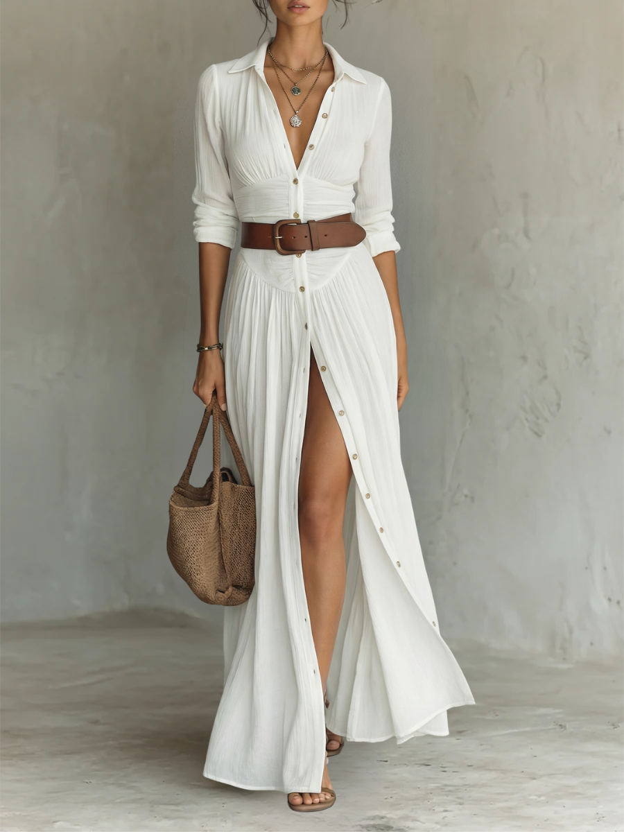 Long Maxi Dress with Notched Collar and Long Sleeves for Women • S1