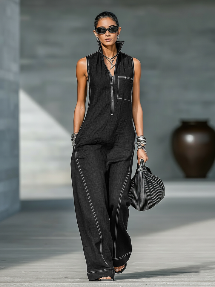 Women's Minimalist Sleeveless Jumpsuit with White Trim