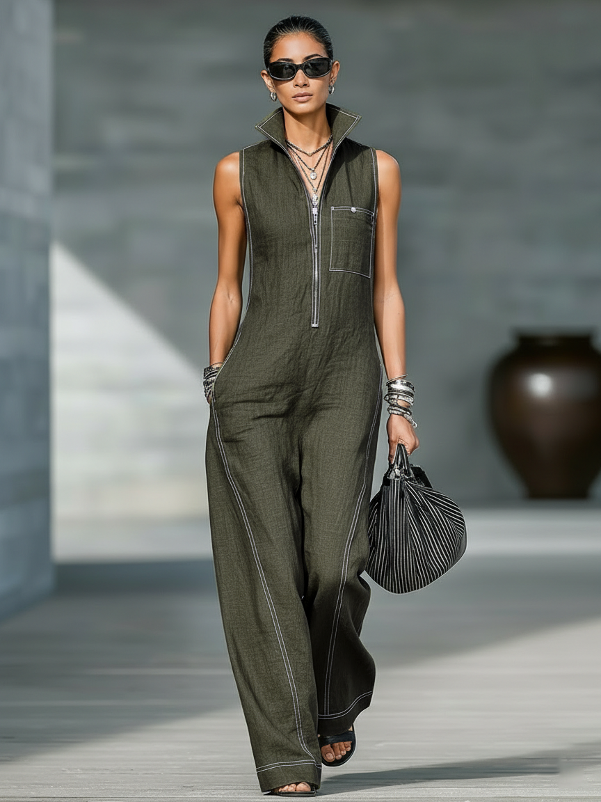Women's Minimalist Sleeveless Jumpsuit with White Trim