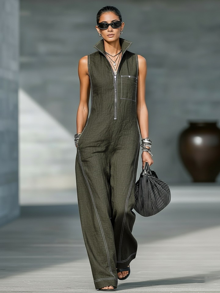 Women's Minimalist Sleeveless Jumpsuit with White Trim