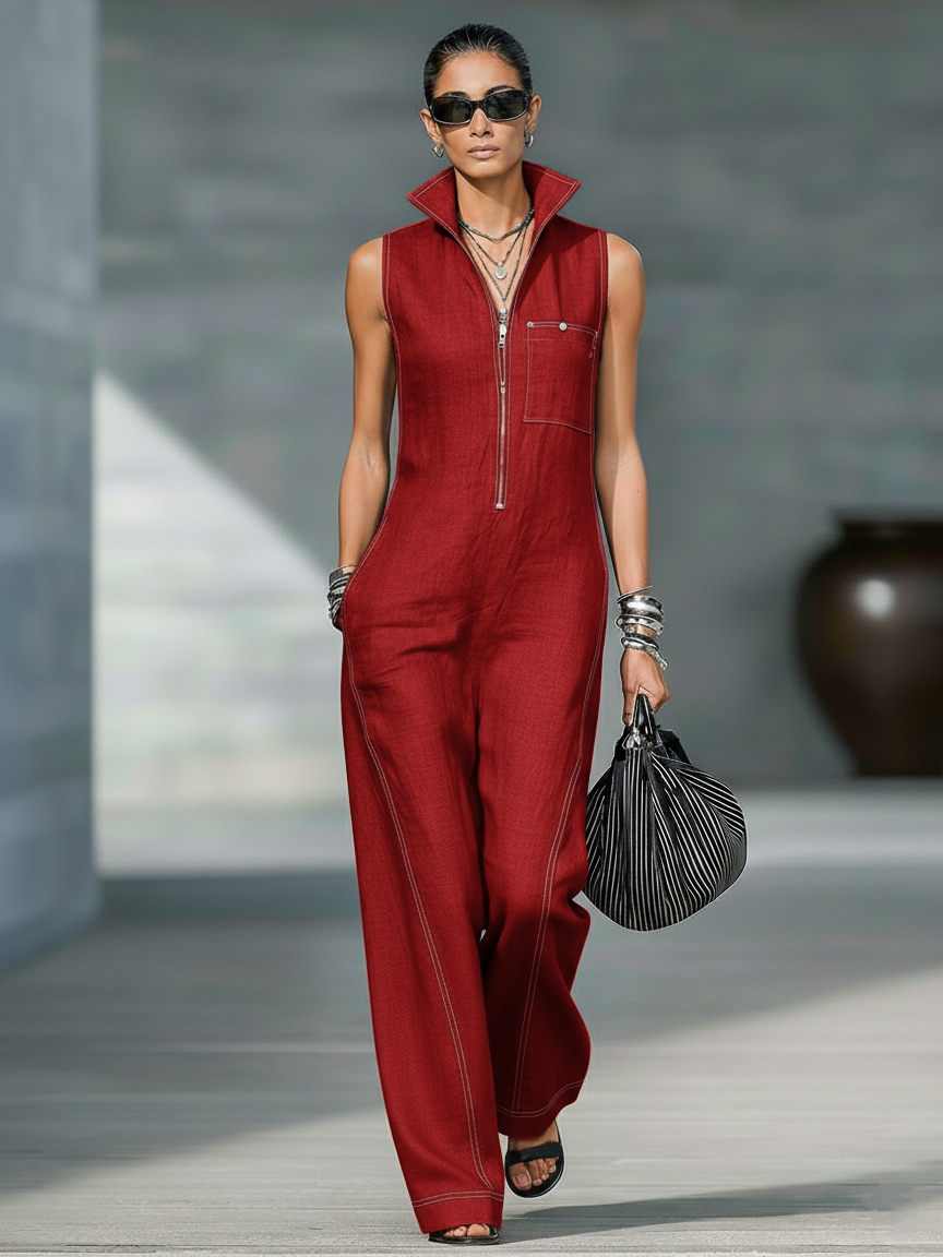 Women's Minimalist Sleeveless Jumpsuit with White Trim