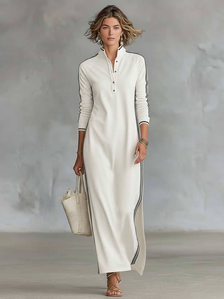 Maxi Sweatshirt Dress for Women with Button-Down Collar and White Trim