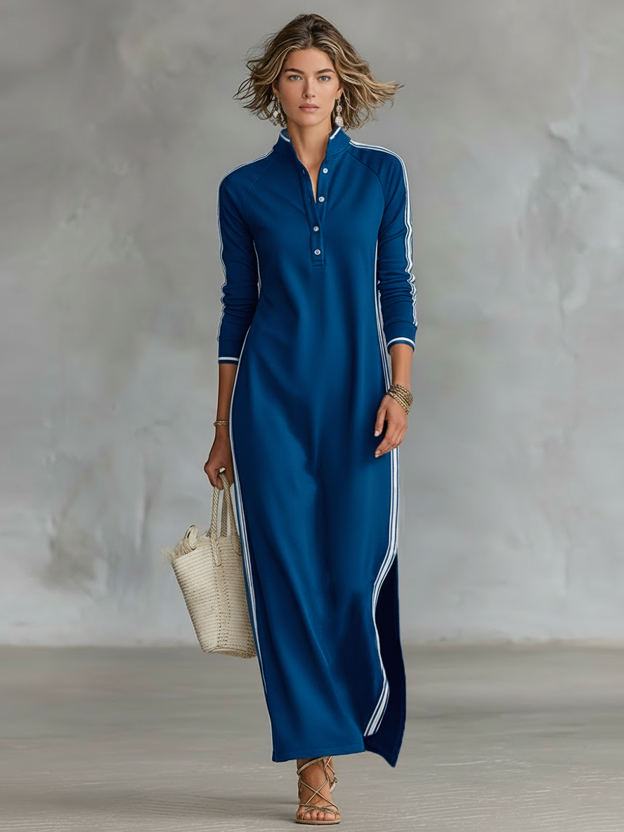 Maxi Sweatshirt Dress for Women with Button-Down Collar and White Trim