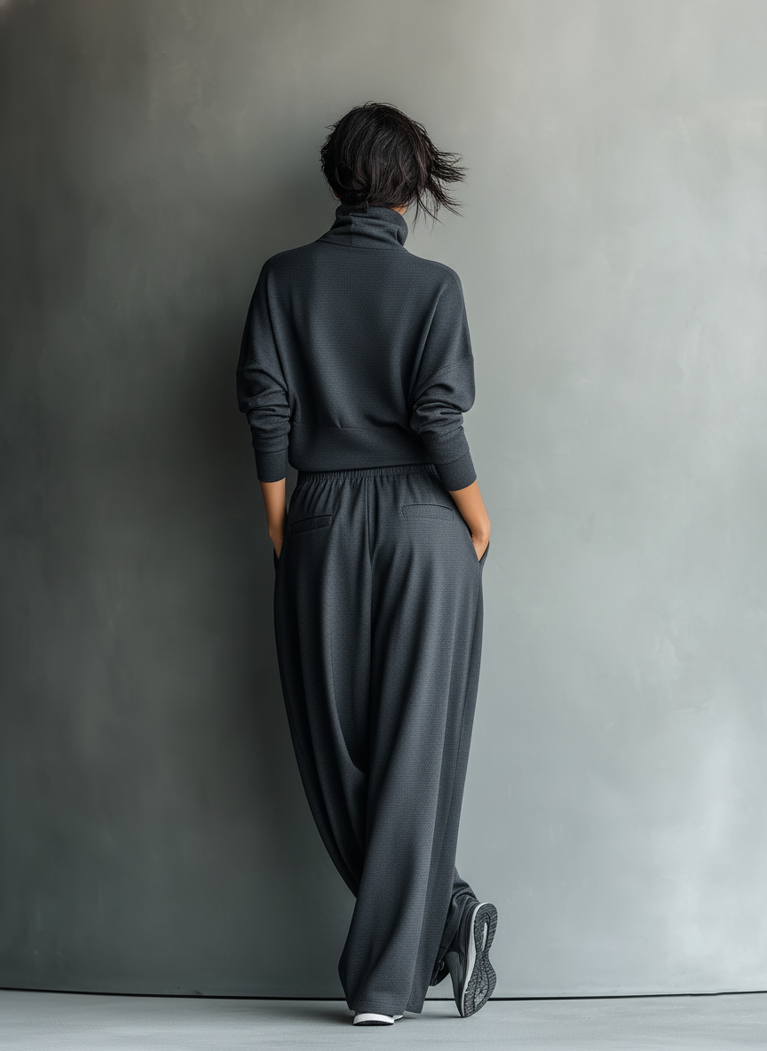 Women's Charcoal Knit Set with High Neck and Wide Leg Pants