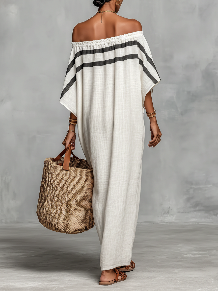 Minimalist Maxi Dress for Women with Off-the-Shoulder Neckline and Batwing Sleeves