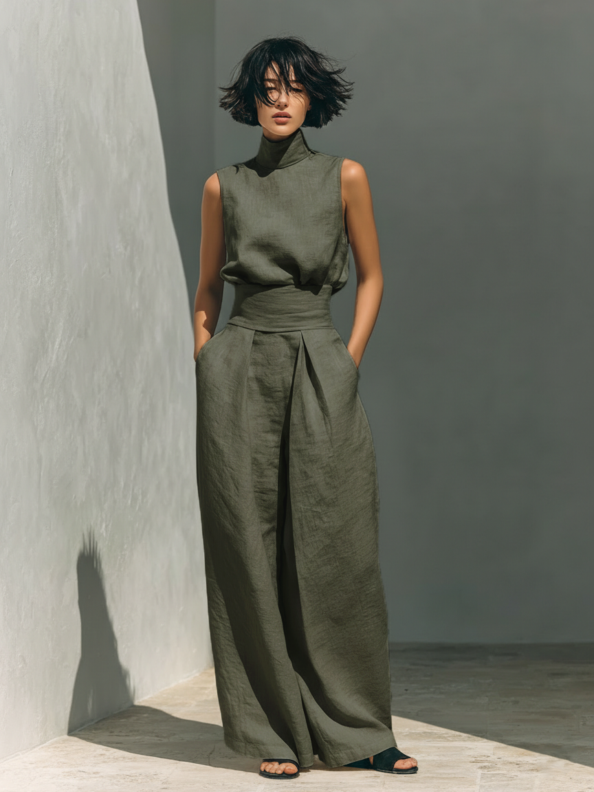 Women's minimalist set in  with sleeveless blouse and wide-leg pants