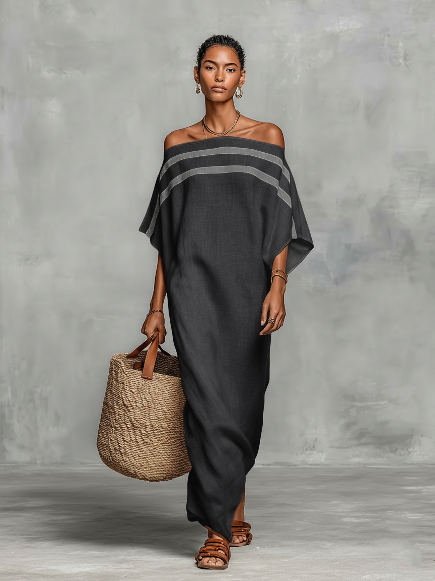 Minimalist Maxi Dress for Women with Off-the-Shoulder Neckline and Batwing Sleeves
