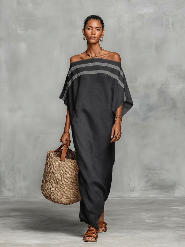 Minimalist Maxi Dress for Women with Off-the-Shoulder Neckline and Batwing Sleeves