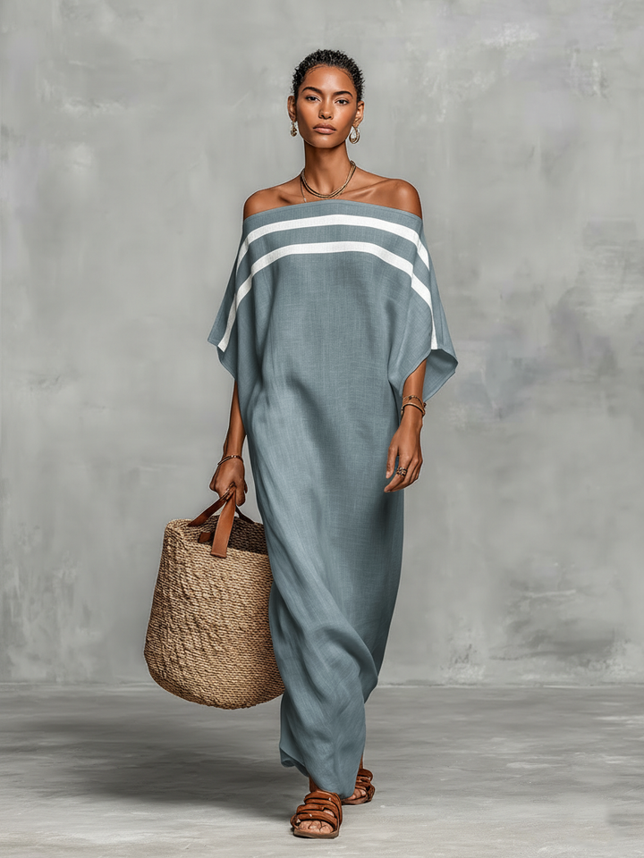 Minimalist Maxi Dress for Women with Off-the-Shoulder Neckline and Batwing Sleeves