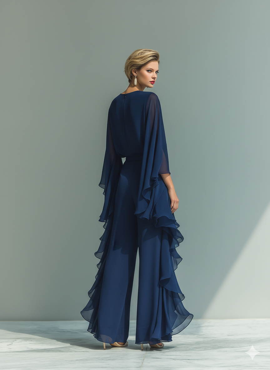 Navy Blue Chiffon Top Set with Flared Sleeves and Straight Leg Pants with Ruché Details