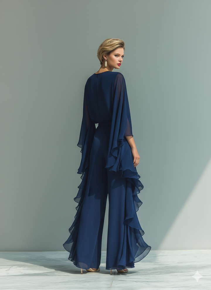 Navy Blue Chiffon Top Set with Flared Sleeves and Straight Leg Pants with Ruché Details