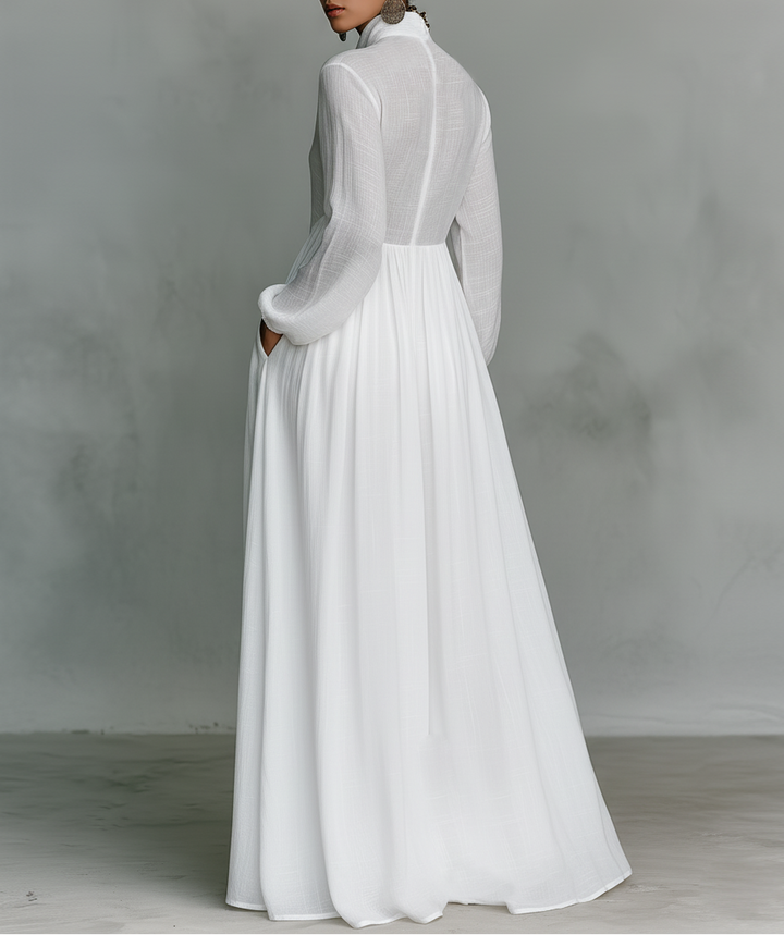 Elisa - Maxi Minimalist Dress with Patchwork, High Collar and Long Sleeves