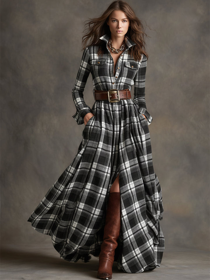 Scarlett | Plaid Maxi Shirt Dress Long Sleeve Belted Dress