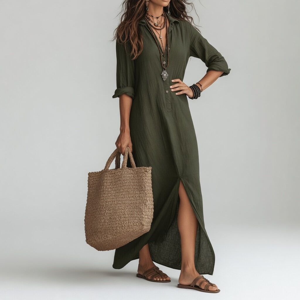Violaine™ — Bohemian Long Shirt Dress Natural Elegance