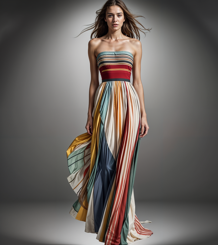 Nova | Strapless Maxi Dress with Multicolor Stripe and Pleated Skirt