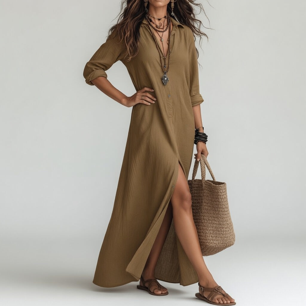 Violaine™ — Bohemian Long Shirt Dress Natural Elegance