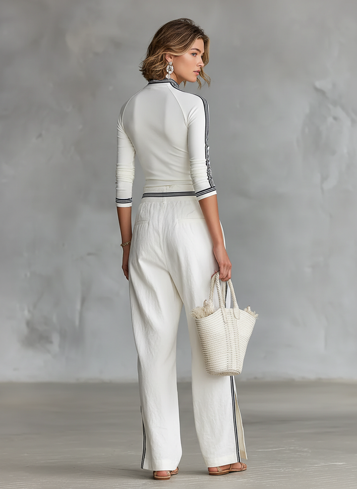Women's Two-Piece Set: Long Sleeve Sporty T-Shirt with High Neck and Loose Pants with Drawstring