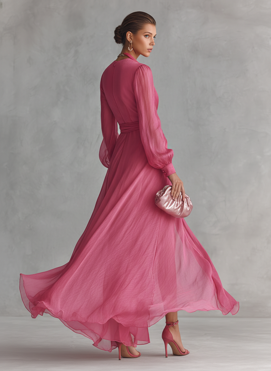 Elegant long pink chiffon dress with pearls and V-neck for women