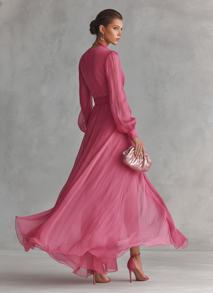Elegant long pink chiffon dress with pearls and V-neck for women