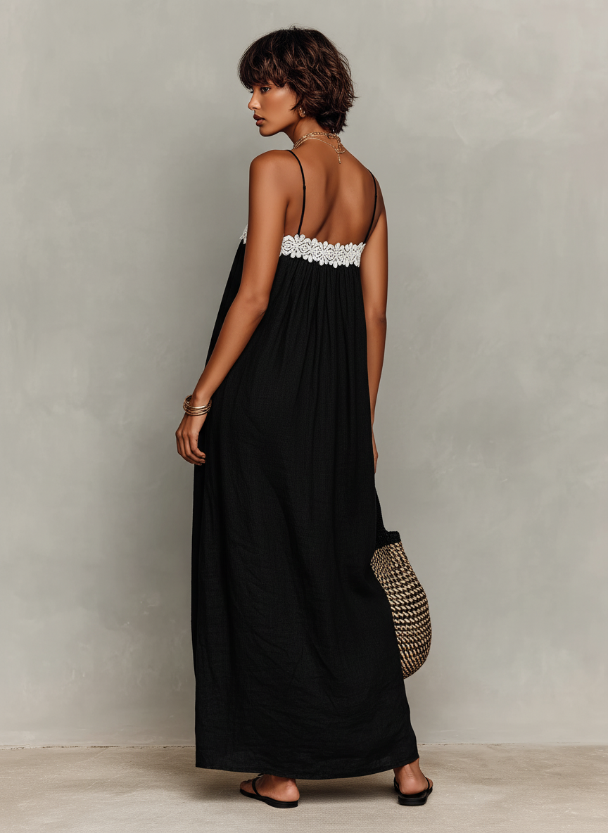 Women's Minimalist Lace-Paneled Strapless With Spaghetti Straps Maxi Dress