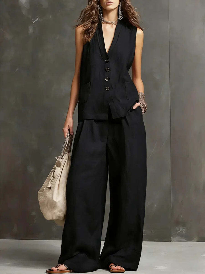 Two-Piece Set in Cotton and Linen with Sleeveless Vest and Wide-Leg Pants