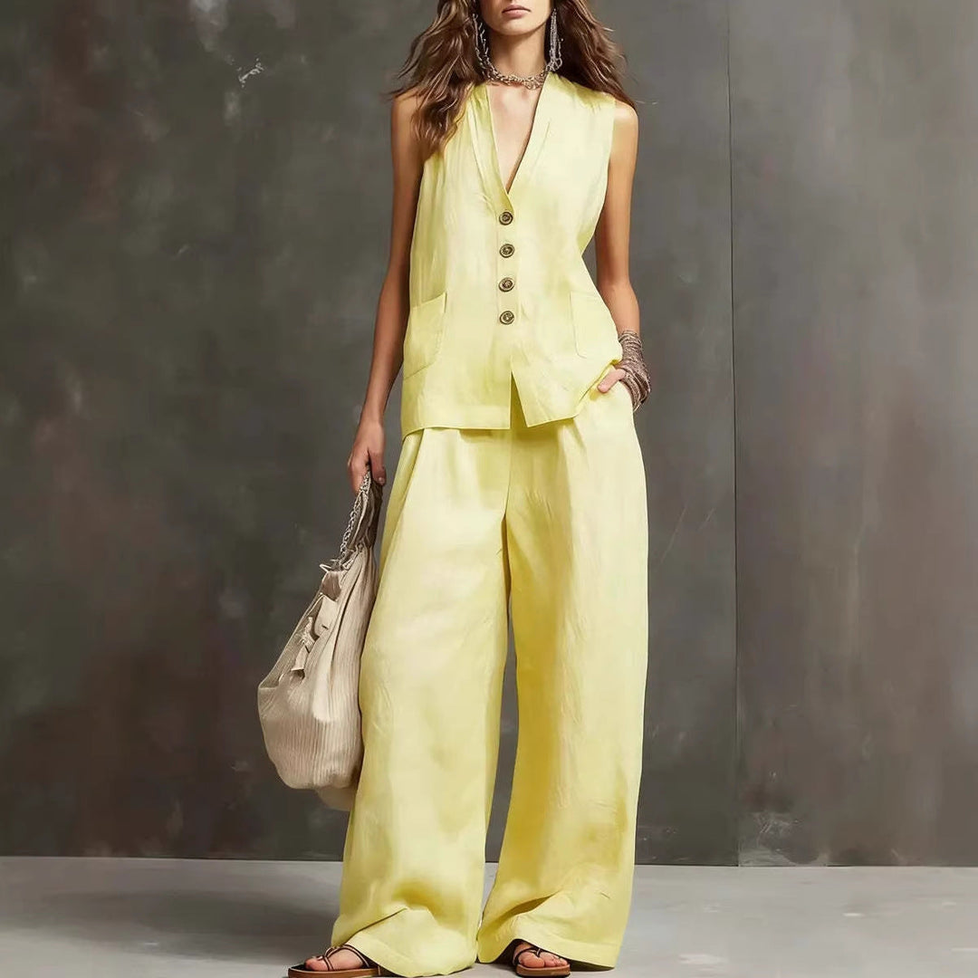Two-Piece Set in Cotton and Linen with Sleeveless Vest and Wide-Leg Pants