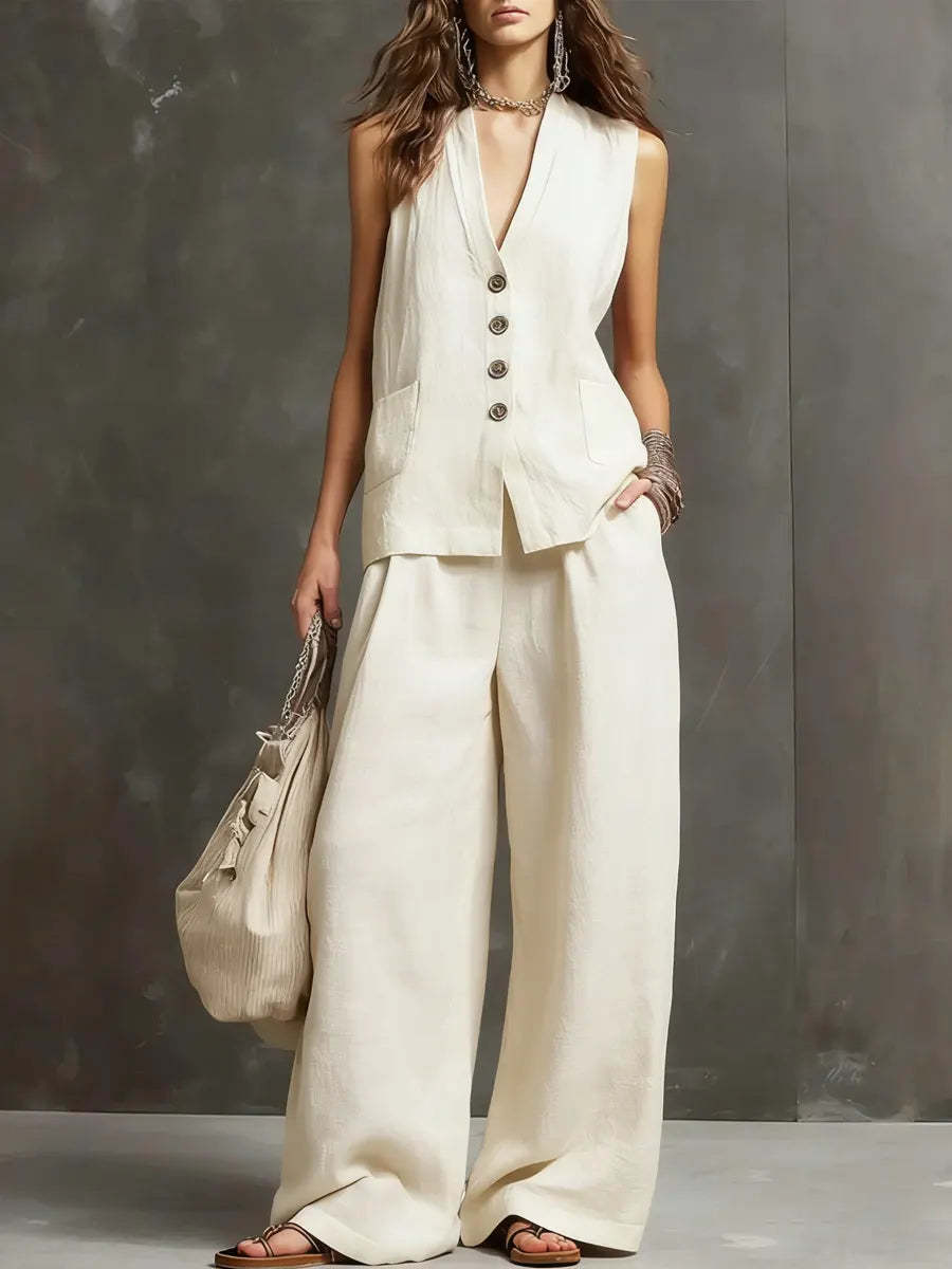 Two-Piece Set in Cotton and Linen with Sleeveless Vest and Wide-Leg Pants