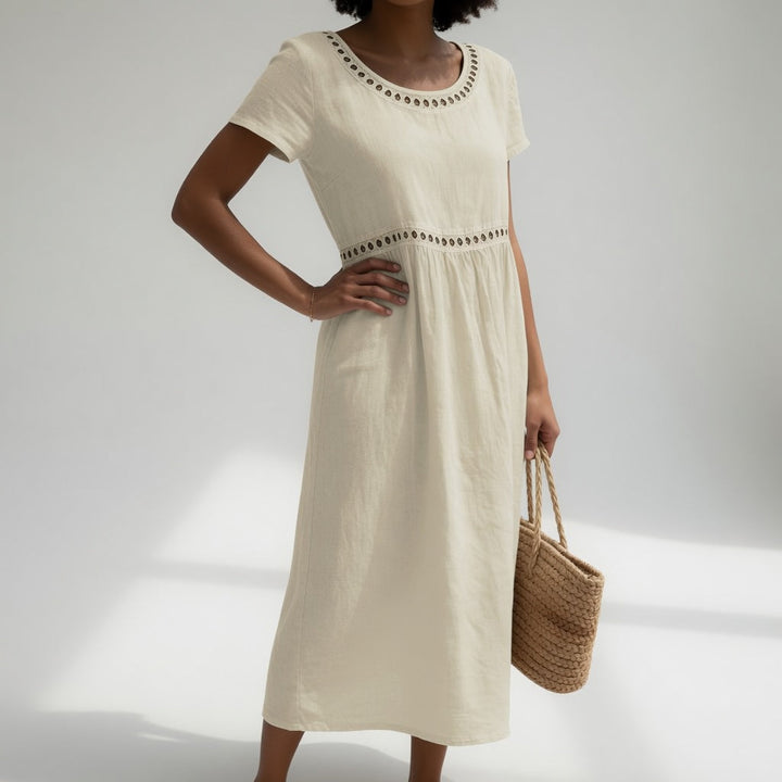Pernelle™ — 100% Cotton Embroidered Midi Dress Soft Femininity