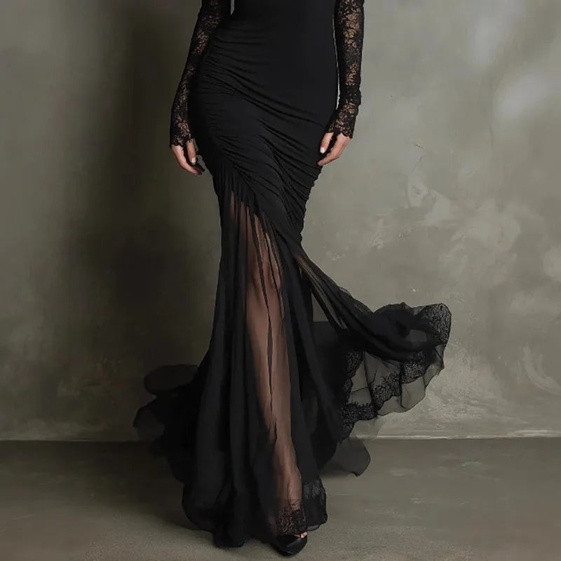 Selena | Long Dress with Deep V-Neck and Lace Details