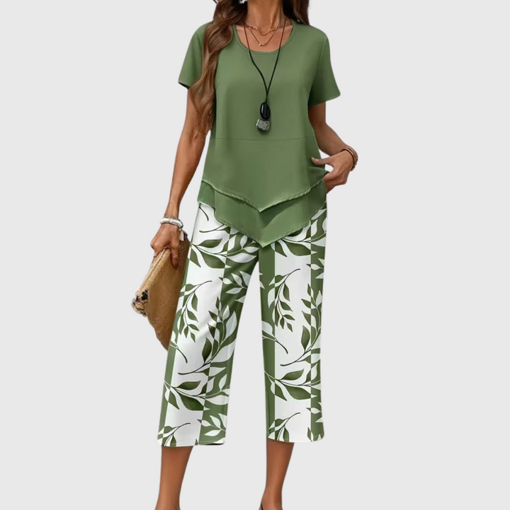 Avy™ | Casual Leaf-Print Two-Piece Set