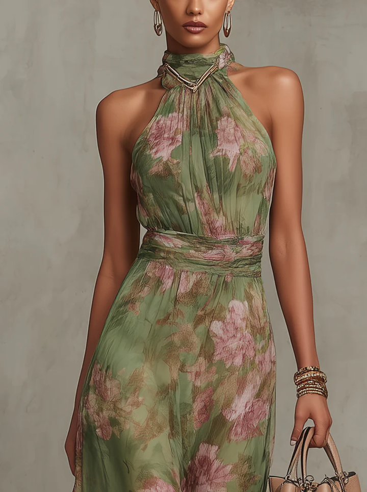 Serena | Elegant Floral Chiffon Halter Maxi Dress
