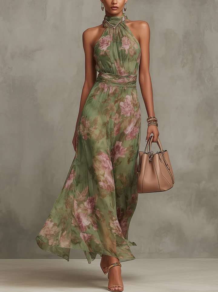 Serena | Elegant Floral Chiffon Halter Maxi Dress