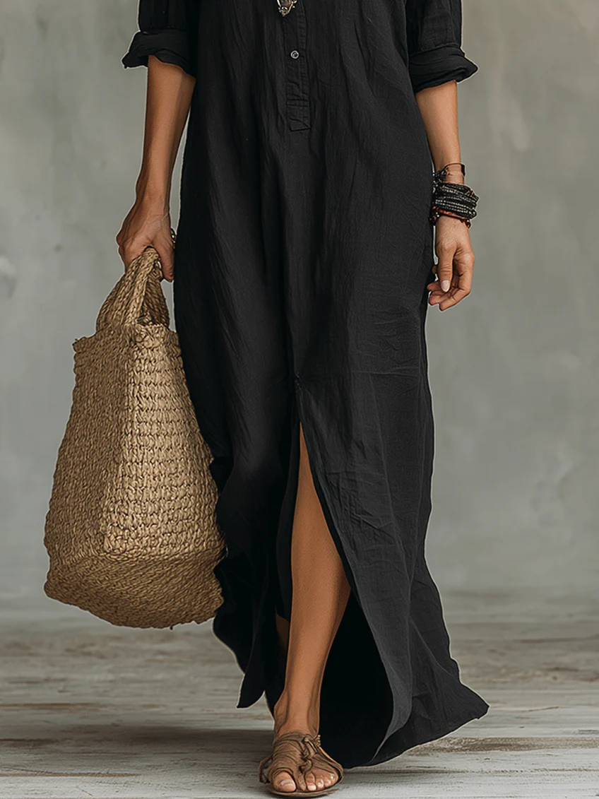 Soline | Black Long Flowing Dress with Buttons