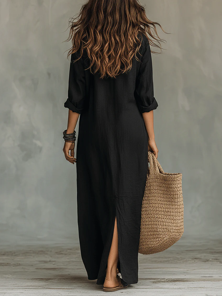 Soline | Black Long Flowing Dress with Buttons