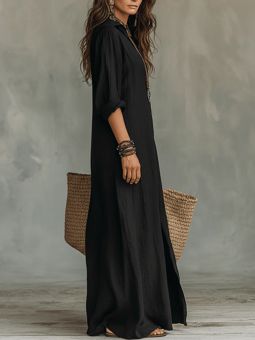 Soline | Black Long Flowing Dress with Buttons