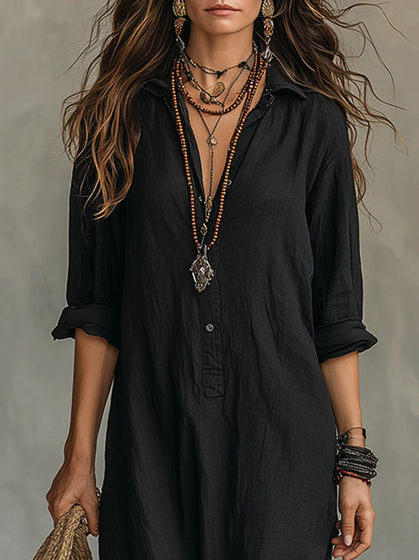 Soline™ | Oversized Black Maxi Dress with Buttons