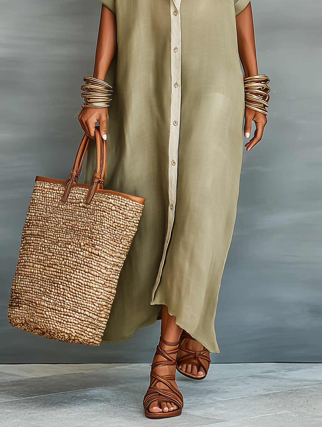 Manelle | Long Olive Green Dress with Minimalist Lines