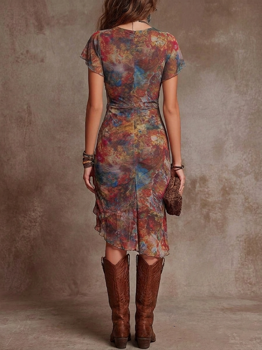 Martina | Midi Pleated Dress with V-Neck, Abstract Art Print in Bohemian Style