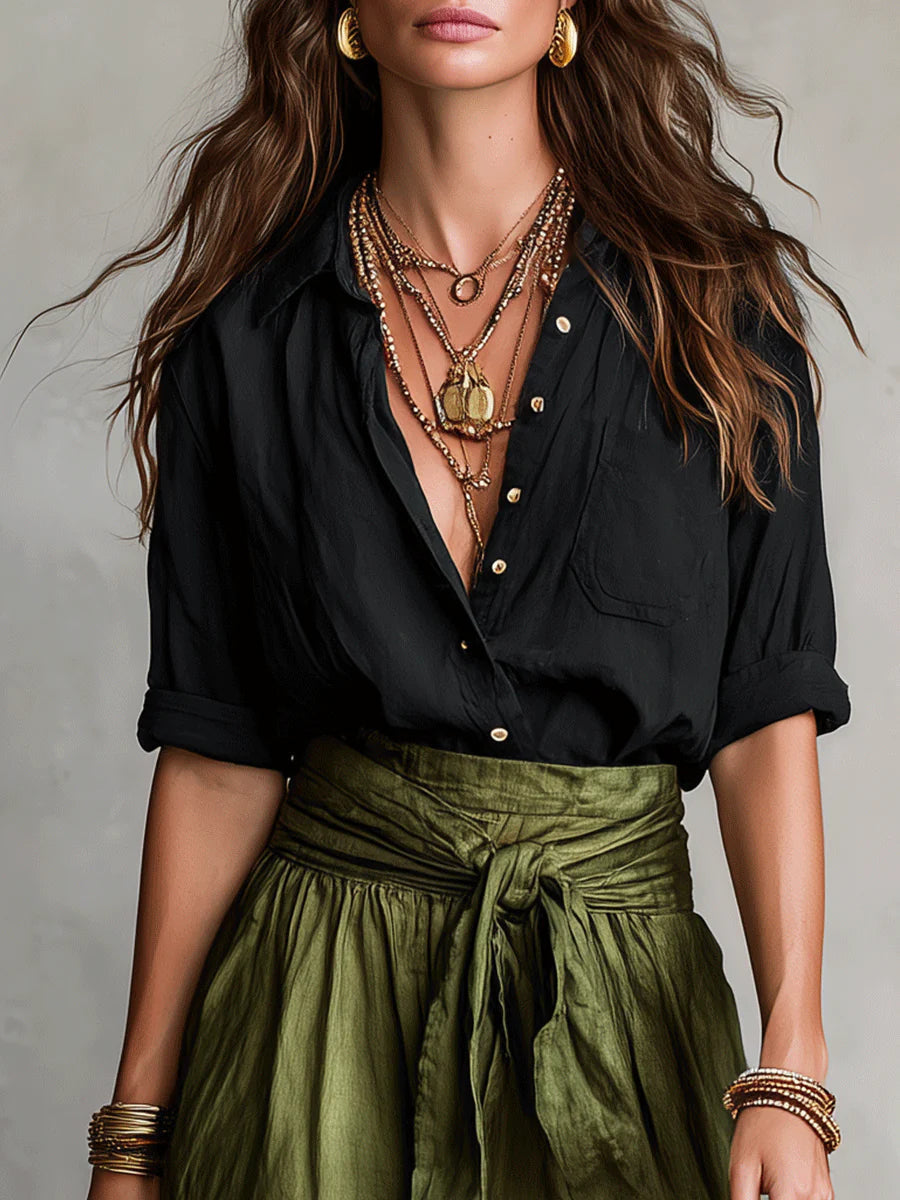 Vera™ | Two-Piece Set: Black Top and Olive Green Midi Skirt
