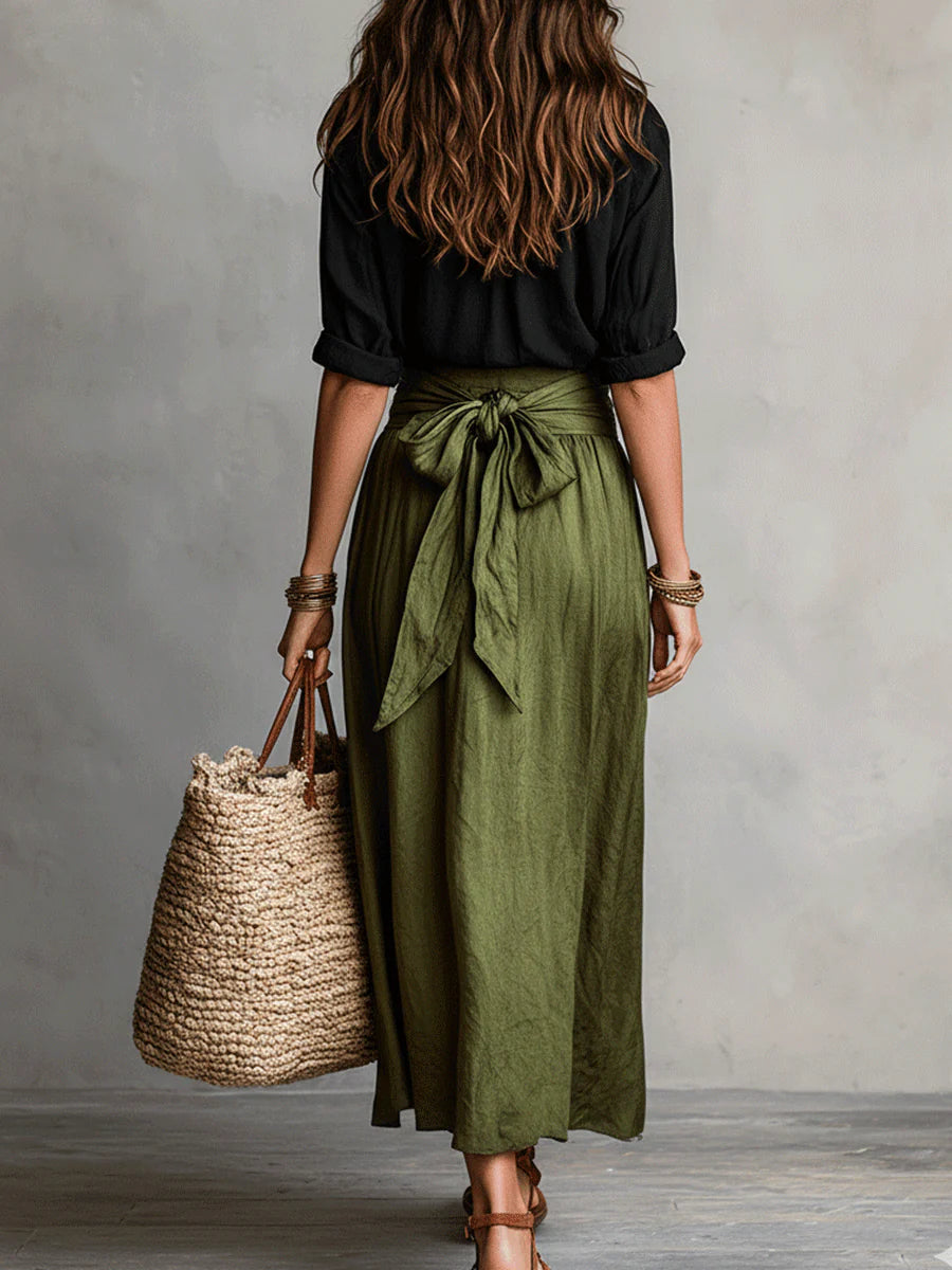 Vera™ | Two-Piece Set: Black Top and Olive Green Midi Skirt