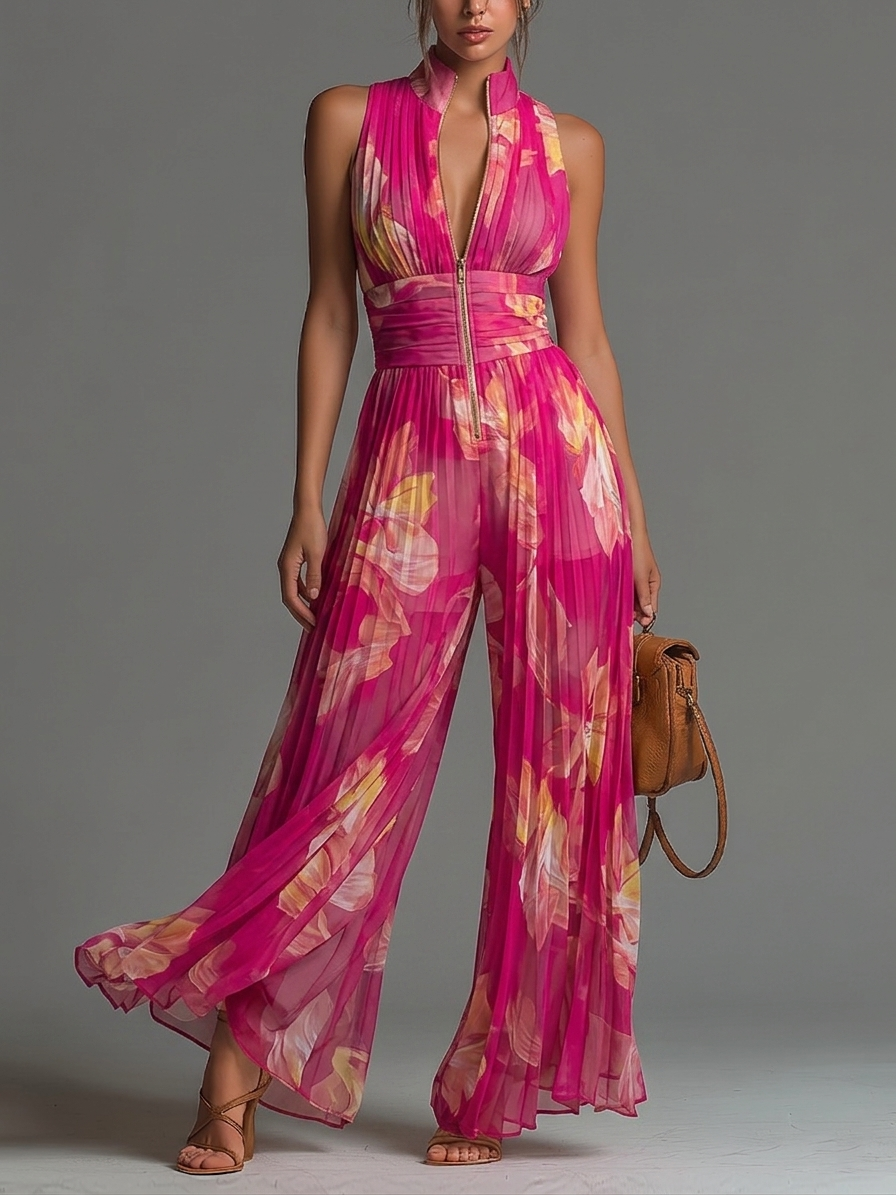 Zsófia Jumpsuit | Fuchsia Floral Pleated Chiffon  • S1