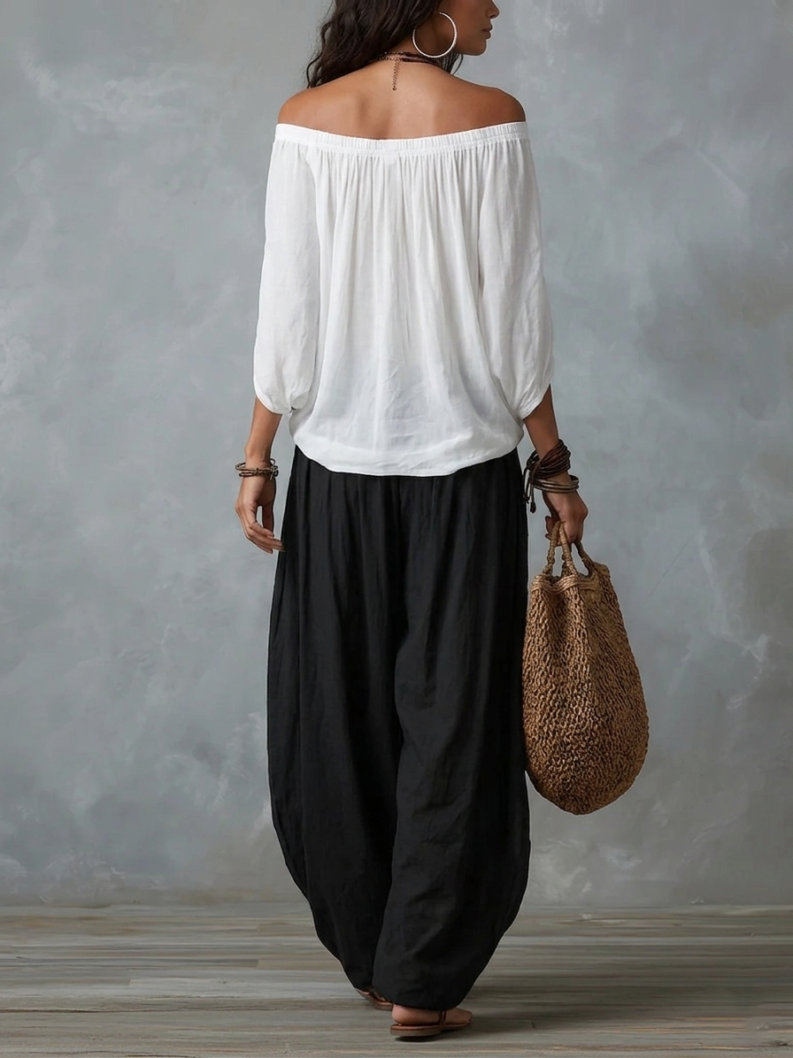 White off-shoulder top and lantern-style flared pants