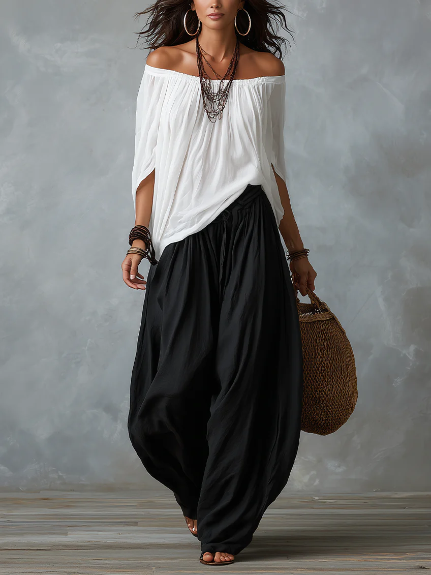 White off-shoulder top and lantern-style flared pants