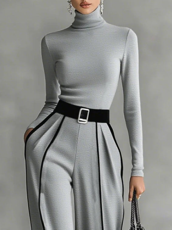 Solana - Long Sleeve Turtleneck and Wide Leg Pants Set with Belt