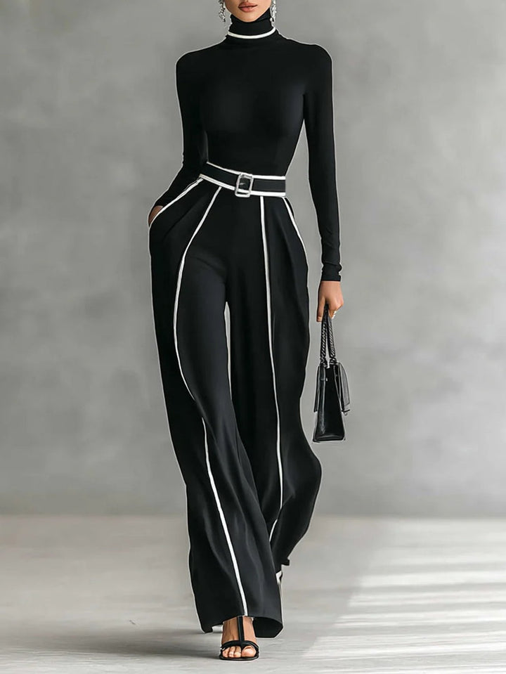 Solana - Long Sleeve Turtleneck and Wide Leg Pants Set with Belt